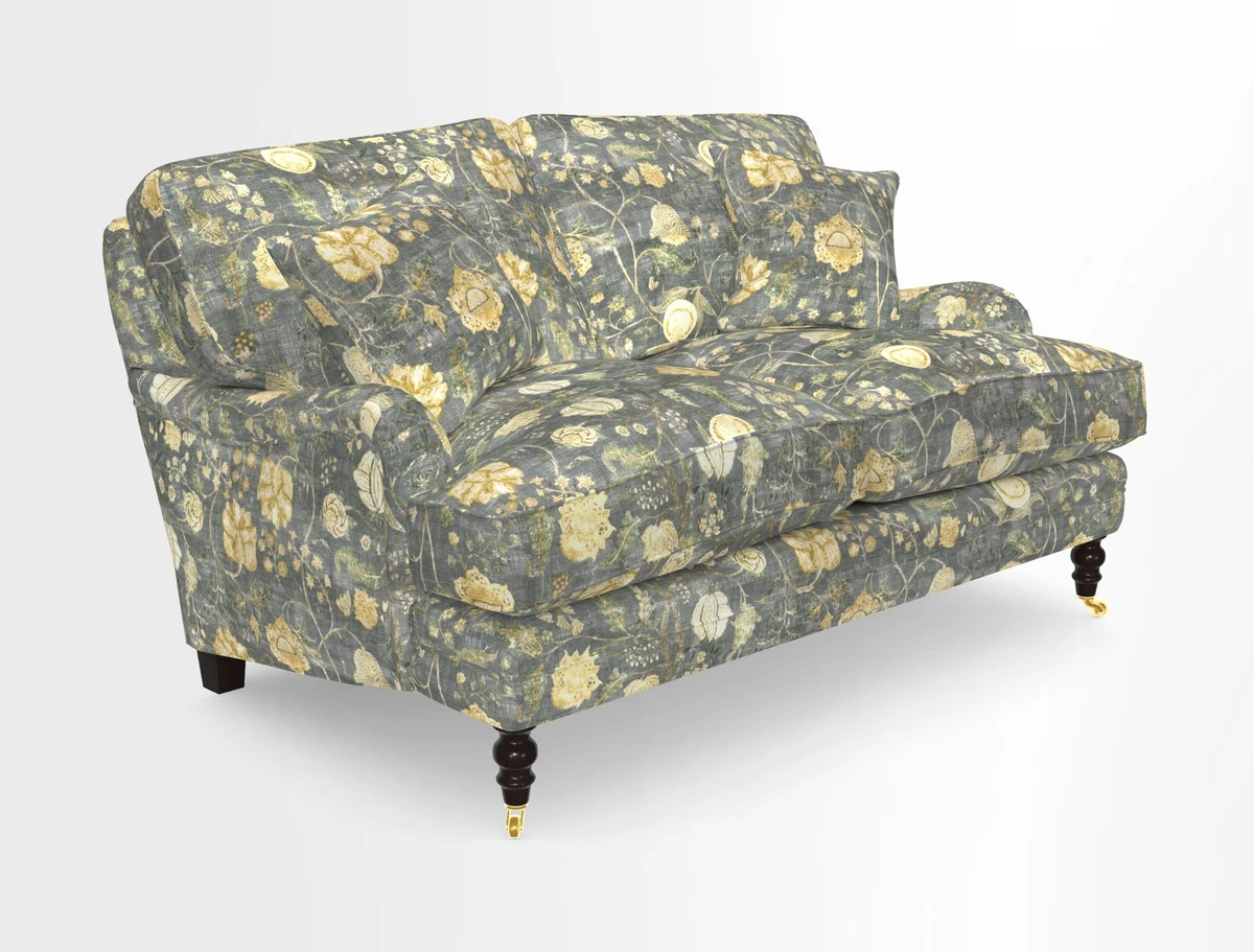 Coates 3 Seater Sofa in Mohair Velvet Indigo with Seat and Back Cushions in Gertrude Jekyll Meadow Flower Blue