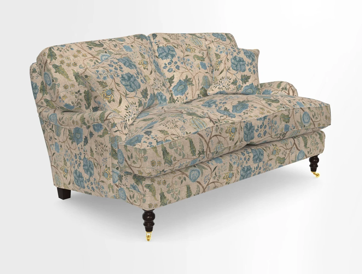 Coates 3 Seater Sofa in Mohair Velvet Indigo with Seat and Back Cushions in Gertrude Jekyll Meadow Flower Blue