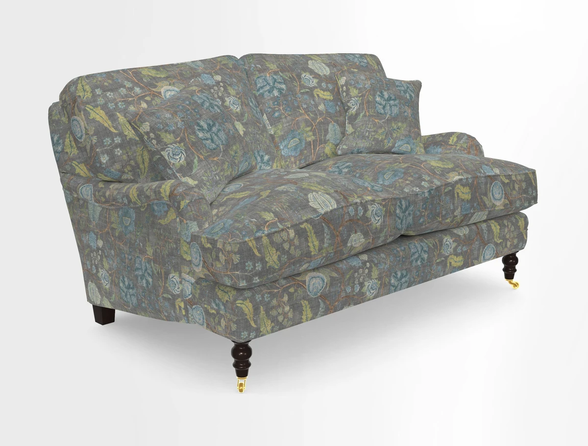 Coates 3 Seater Sofa in Mohair Velvet Indigo with Seat and Back Cushions in Gertrude Jekyll Meadow Flower Blue