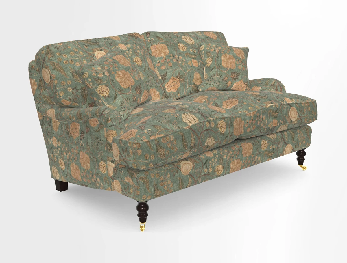 Coates 3 Seater Sofa in Mohair Velvet Indigo with Seat and Back Cushions in Gertrude Jekyll Meadow Flower Blue