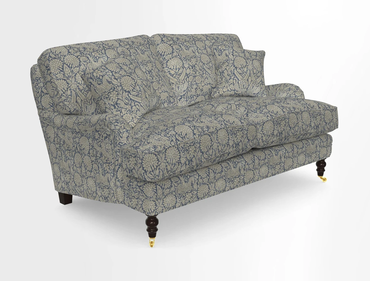 Coates 3 Seater Sofa in Mohair Velvet Indigo with Seat and Back Cushions in Gertrude Jekyll Meadow Flower Blue