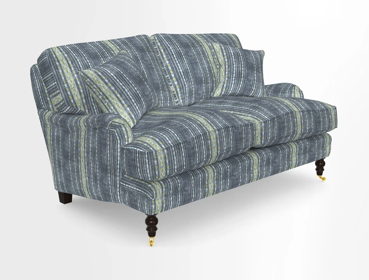 Coates 3 Seater Sofa in Mohair Velvet Indigo with Seat and Back Cushions in Gertrude Jekyll Meadow Flower Blue