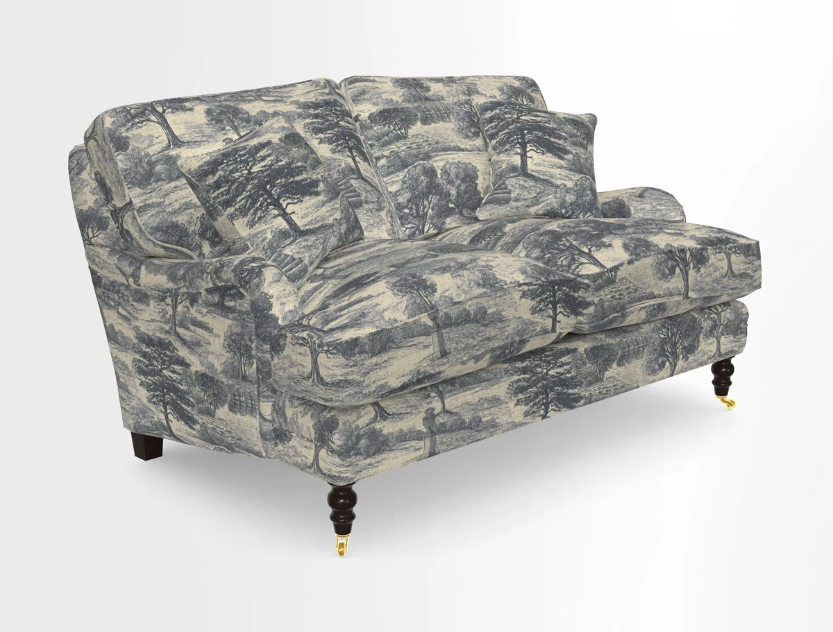 Coates 3 Seater Sofa in Mohair Velvet Indigo with Seat and Back Cushions in Gertrude Jekyll Meadow Flower Blue
