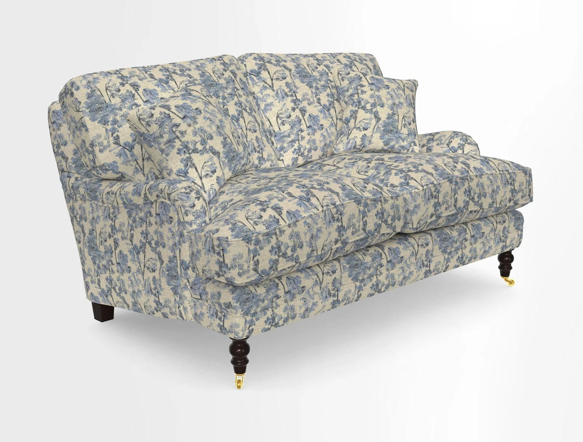 Coates 3 Seater Sofa in Mohair Velvet Indigo with Seat and Back Cushions in Gertrude Jekyll Meadow Flower Blue