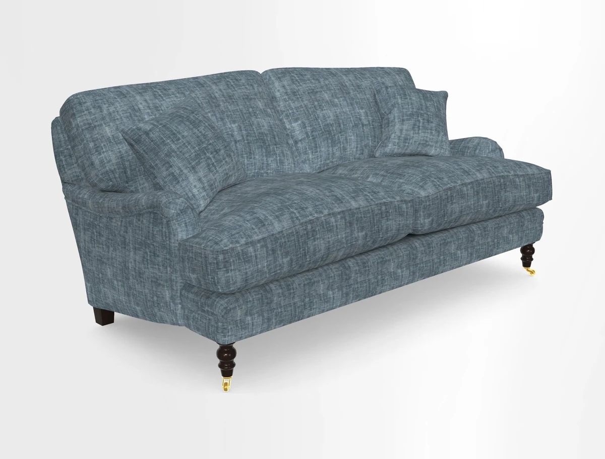 Coates 3 Seater Sofa in Mohair Velvet Indigo with Seat and Back Cushions in Gertrude Jekyll Meadow Flower Blue