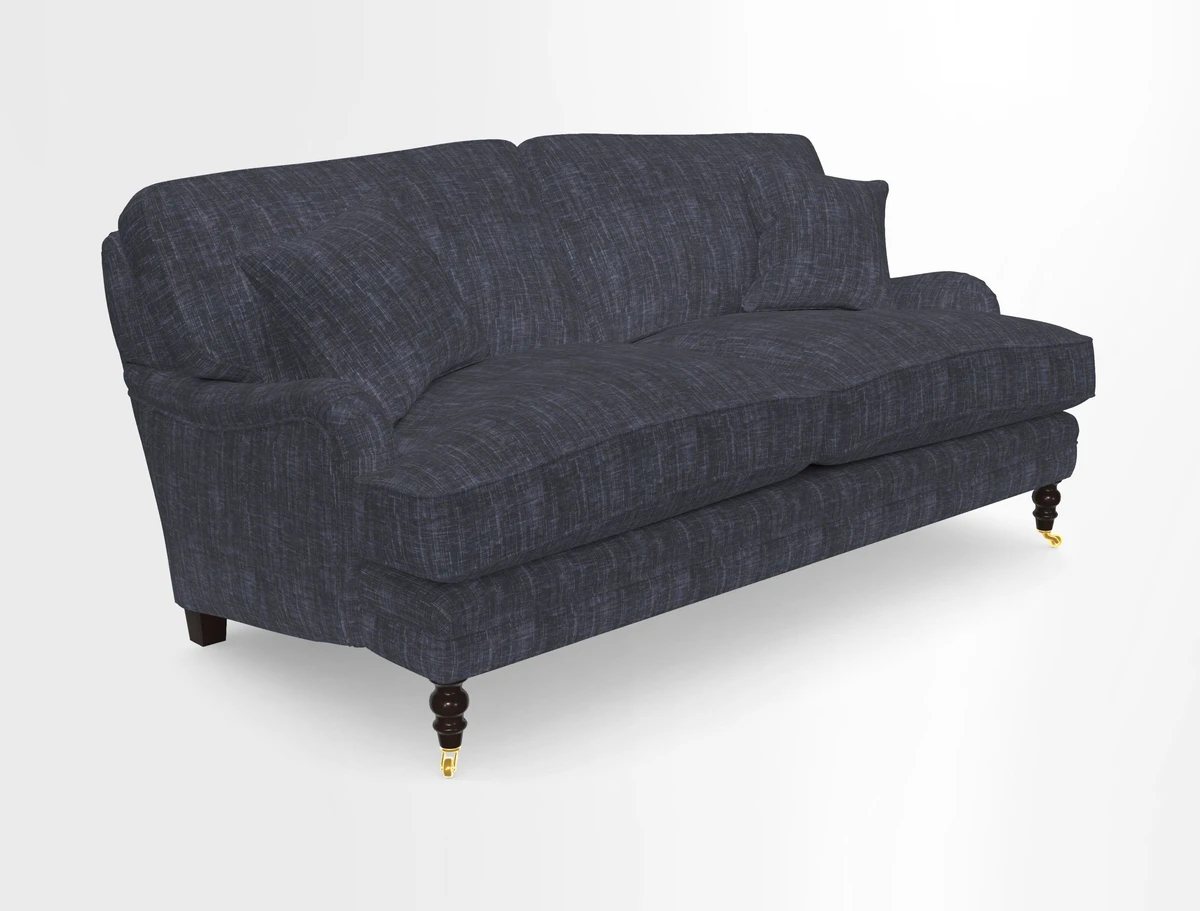 Coates 3 Seater Sofa in Mohair Velvet Indigo with Seat and Back Cushions in Gertrude Jekyll Meadow Flower Blue