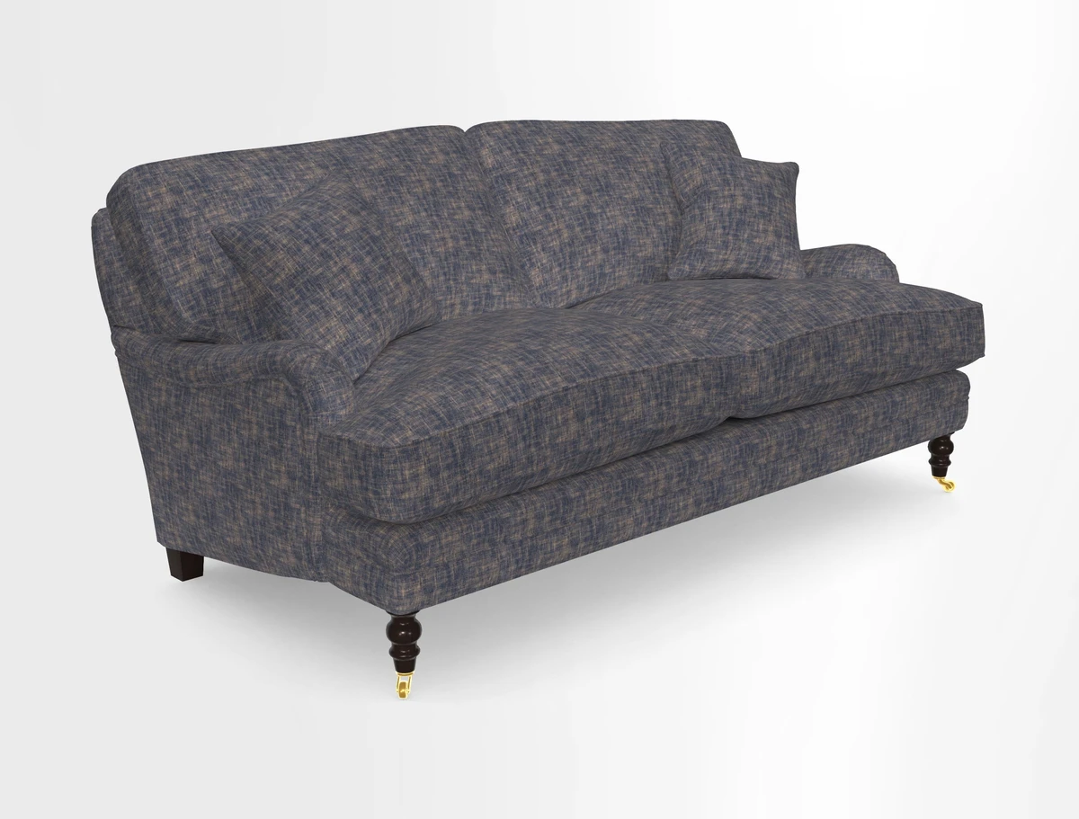 Coates 3 Seater Sofa in Mohair Velvet Indigo with Seat and Back Cushions in Gertrude Jekyll Meadow Flower Blue