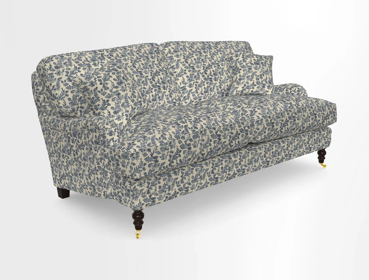 Coates 3 Seater Sofa in Mohair Velvet Indigo with Seat and Back Cushions in Gertrude Jekyll Meadow Flower Blue