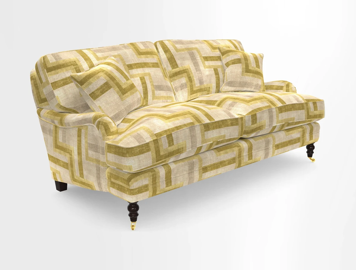 Coates 3 Seater Sofa in Mohair Velvet Indigo with Seat and Back Cushions in Gertrude Jekyll Meadow Flower Blue