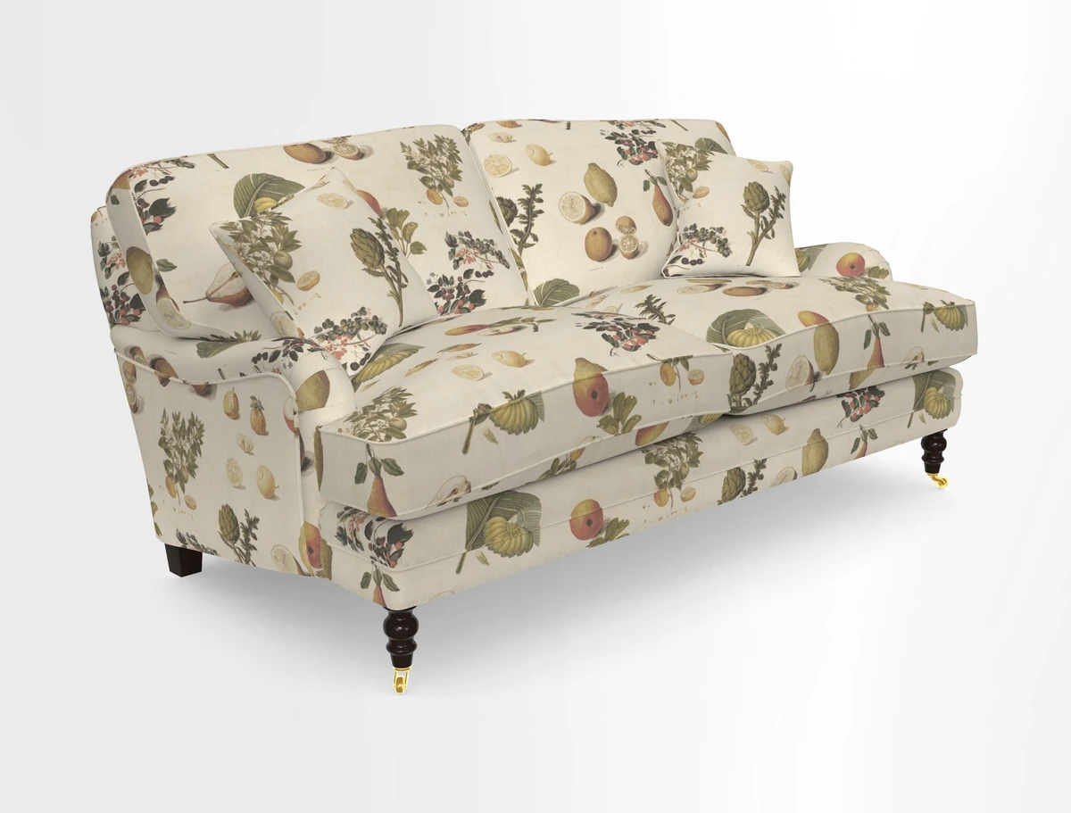 Coates 3 Seater Sofa in Mohair Velvet Indigo with Seat and Back Cushions in Gertrude Jekyll Meadow Flower Blue