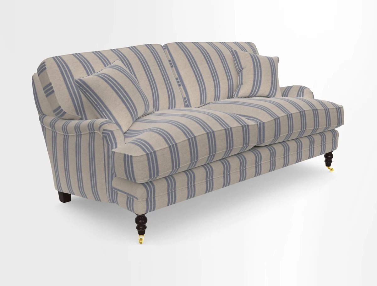 Coates 3 Seater Sofa in Mohair Velvet Indigo with Seat and Back Cushions in Gertrude Jekyll Meadow Flower Blue