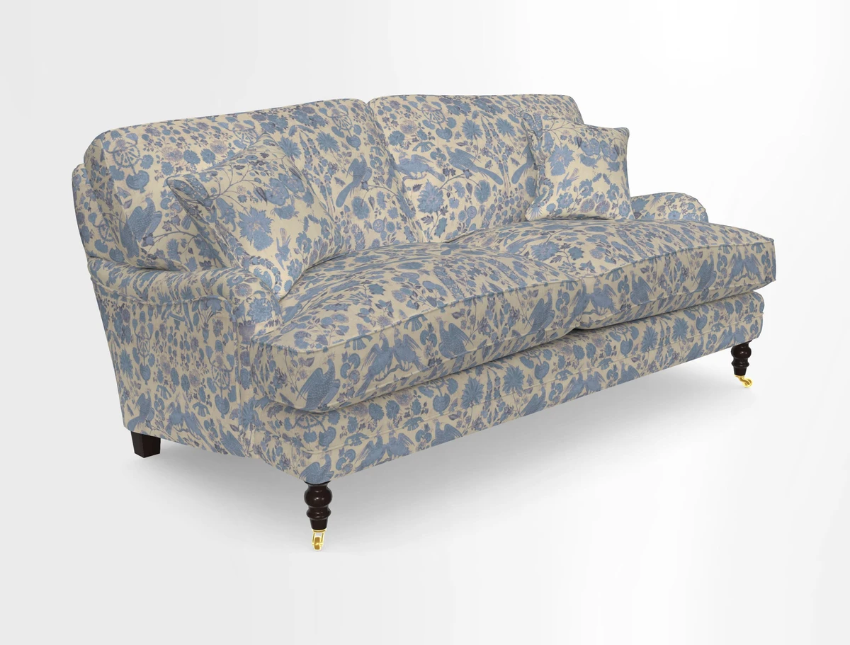 Coates 3 Seater Sofa in Mohair Velvet Indigo with Seat and Back Cushions in Gertrude Jekyll Meadow Flower Blue