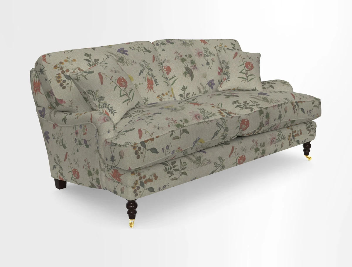 Coates 3 Seater Sofa in Mohair Velvet Indigo with Seat and Back Cushions in Gertrude Jekyll Meadow Flower Blue