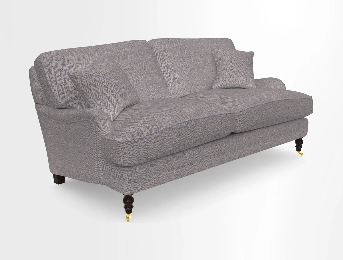 Coates 3 Seater Sofa in Mohair Velvet Indigo with Seat and Back Cushions in Gertrude Jekyll Meadow Flower Blue