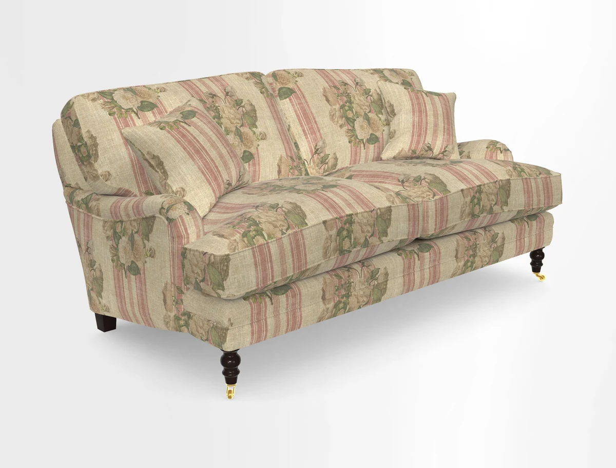 Coates 3 Seater Sofa in Mohair Velvet Indigo with Seat and Back Cushions in Gertrude Jekyll Meadow Flower Blue