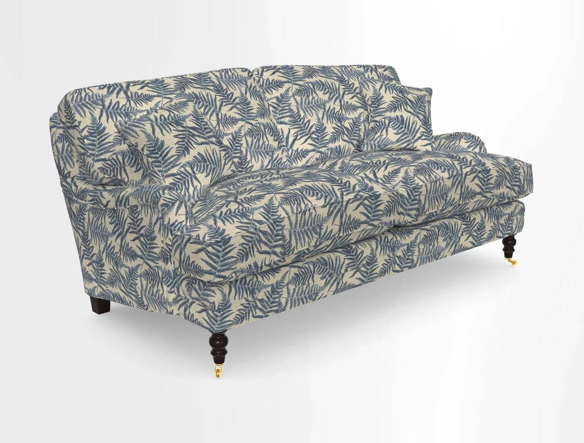 Coates 3 Seater Sofa in Mohair Velvet Indigo with Seat and Back Cushions in Gertrude Jekyll Meadow Flower Blue