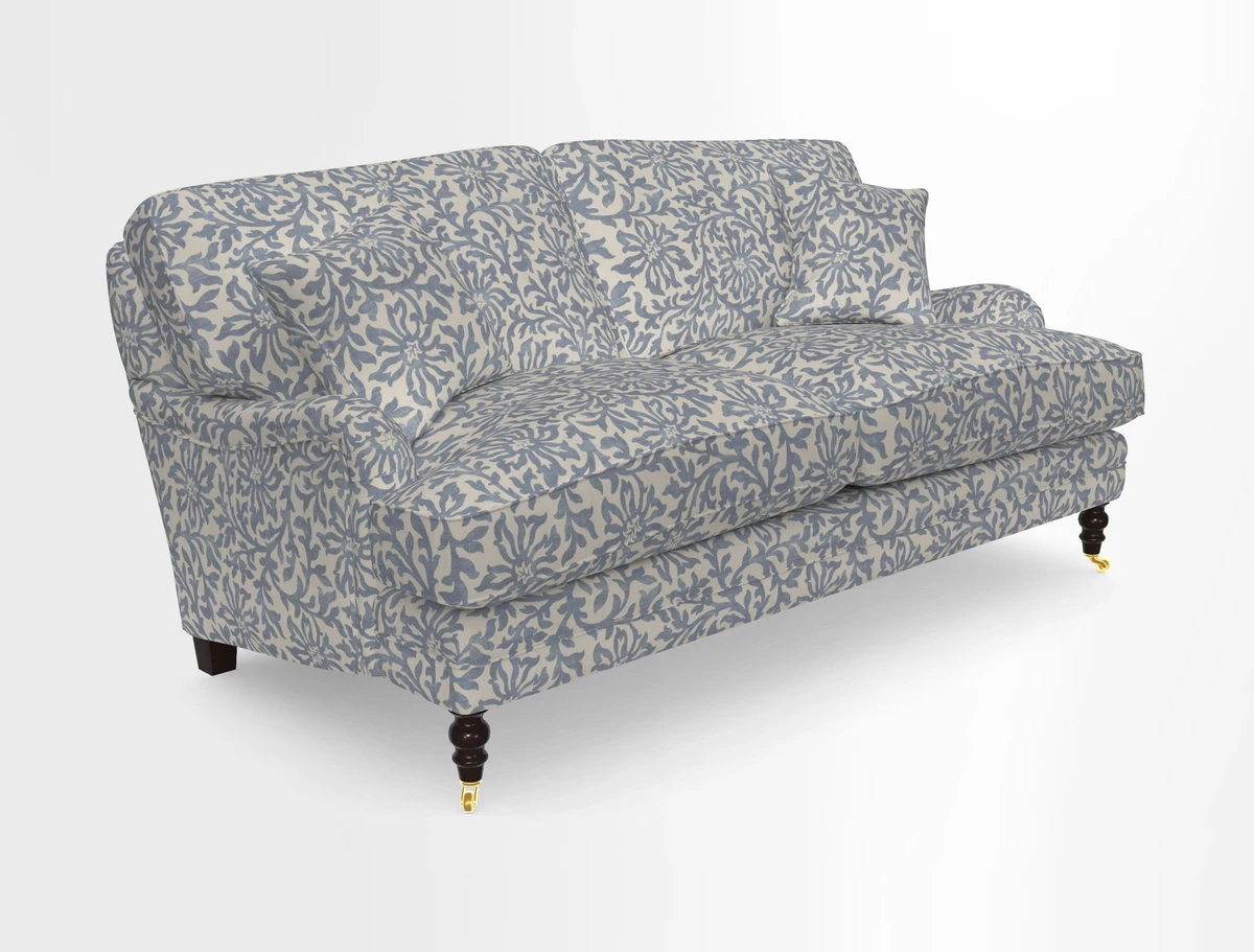 Coates 3 Seater Sofa in Mohair Velvet Indigo with Seat and Back Cushions in Gertrude Jekyll Meadow Flower Blue