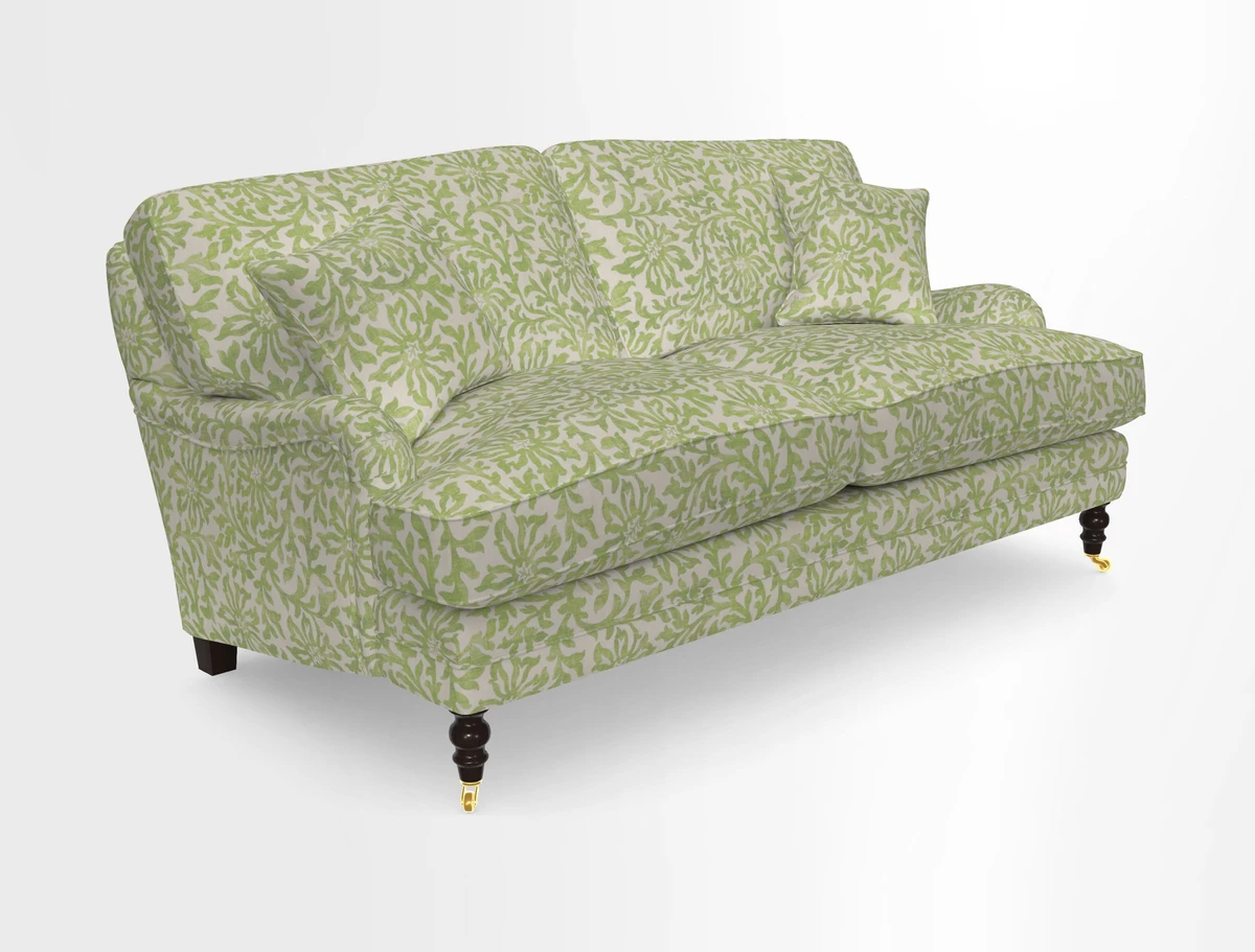 Coates 3 Seater Sofa in Mohair Velvet Indigo with Seat and Back Cushions in Gertrude Jekyll Meadow Flower Blue