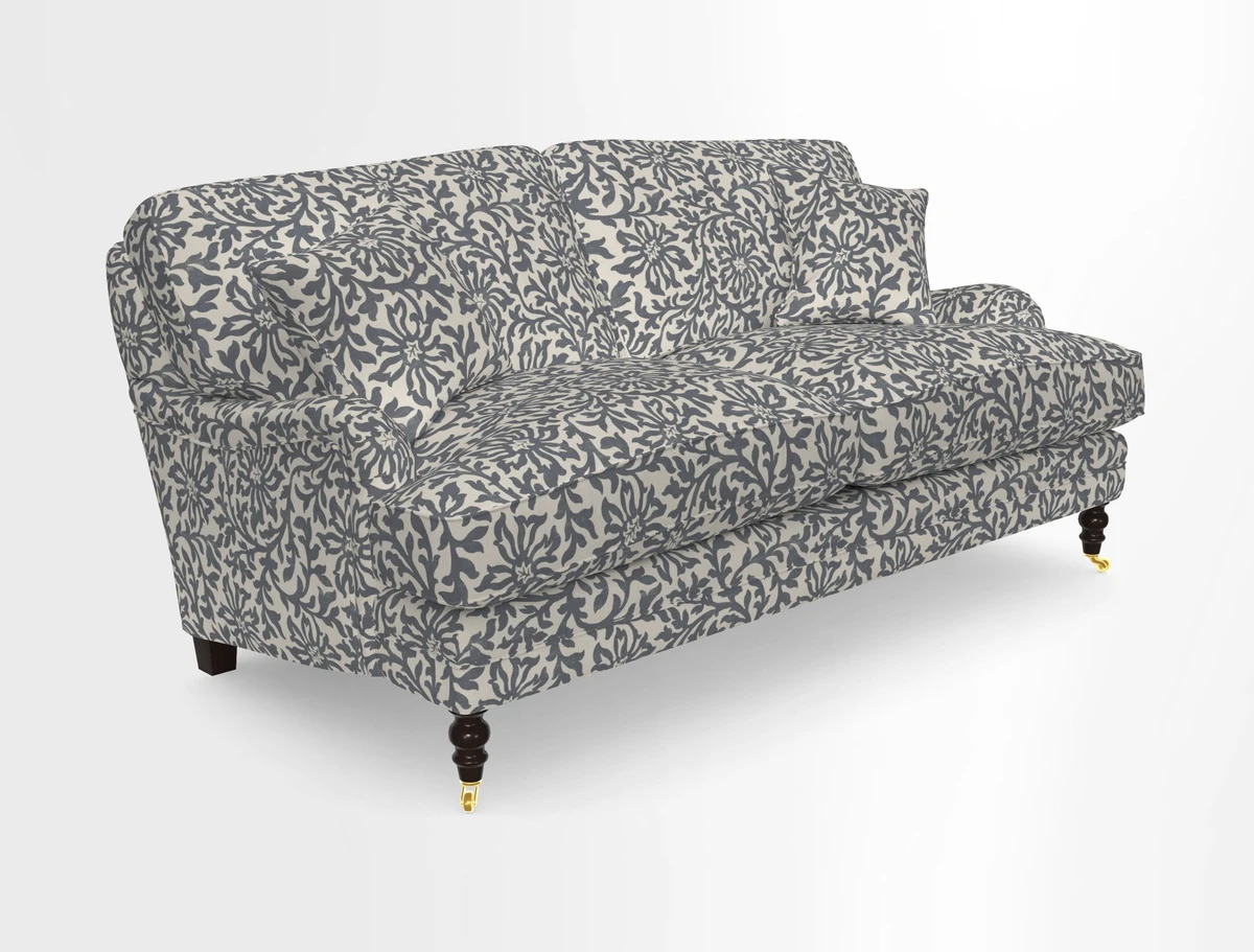 Coates 3 Seater Sofa in Mohair Velvet Indigo with Seat and Back Cushions in Gertrude Jekyll Meadow Flower Blue