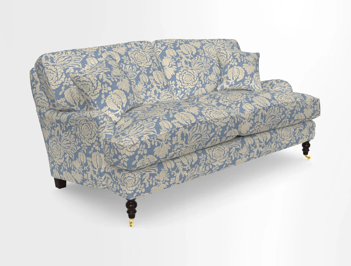 Coates 3 Seater Sofa in Mohair Velvet Indigo with Seat and Back Cushions in Gertrude Jekyll Meadow Flower Blue