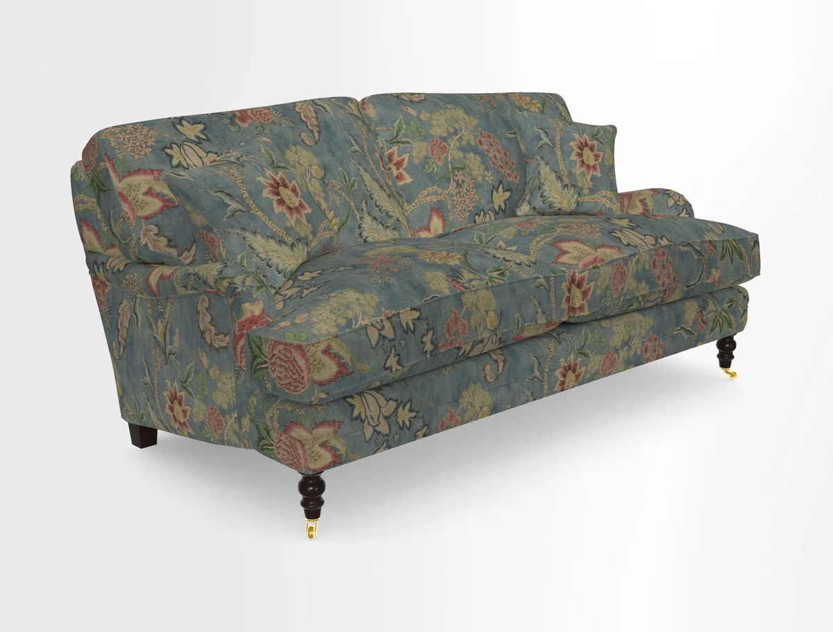 Coates 3 Seater Sofa in Mohair Velvet Indigo with Seat and Back Cushions in Gertrude Jekyll Meadow Flower Blue