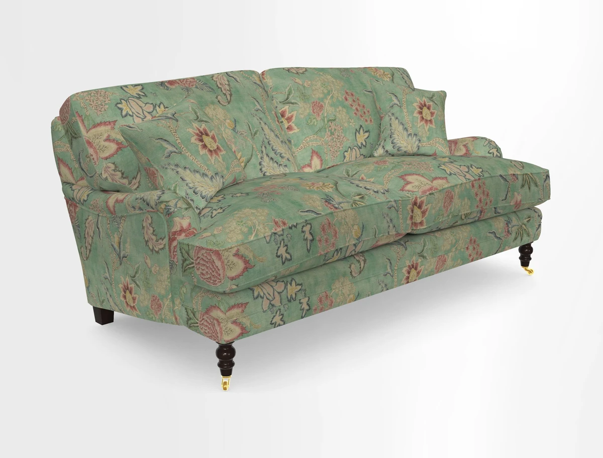 Coates 3 Seater Sofa in Mohair Velvet Indigo with Seat and Back Cushions in Gertrude Jekyll Meadow Flower Blue