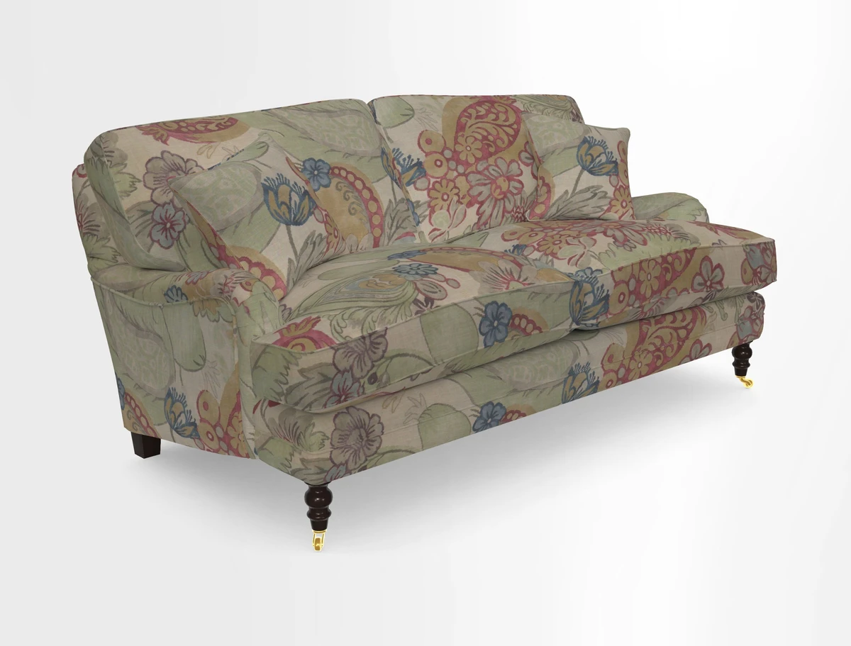 Coates 3 Seater Sofa in Mohair Velvet Indigo with Seat and Back Cushions in Gertrude Jekyll Meadow Flower Blue