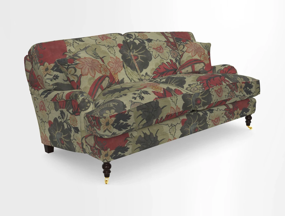 Coates 3 Seater Sofa in Mohair Velvet Indigo with Seat and Back Cushions in Gertrude Jekyll Meadow Flower Blue