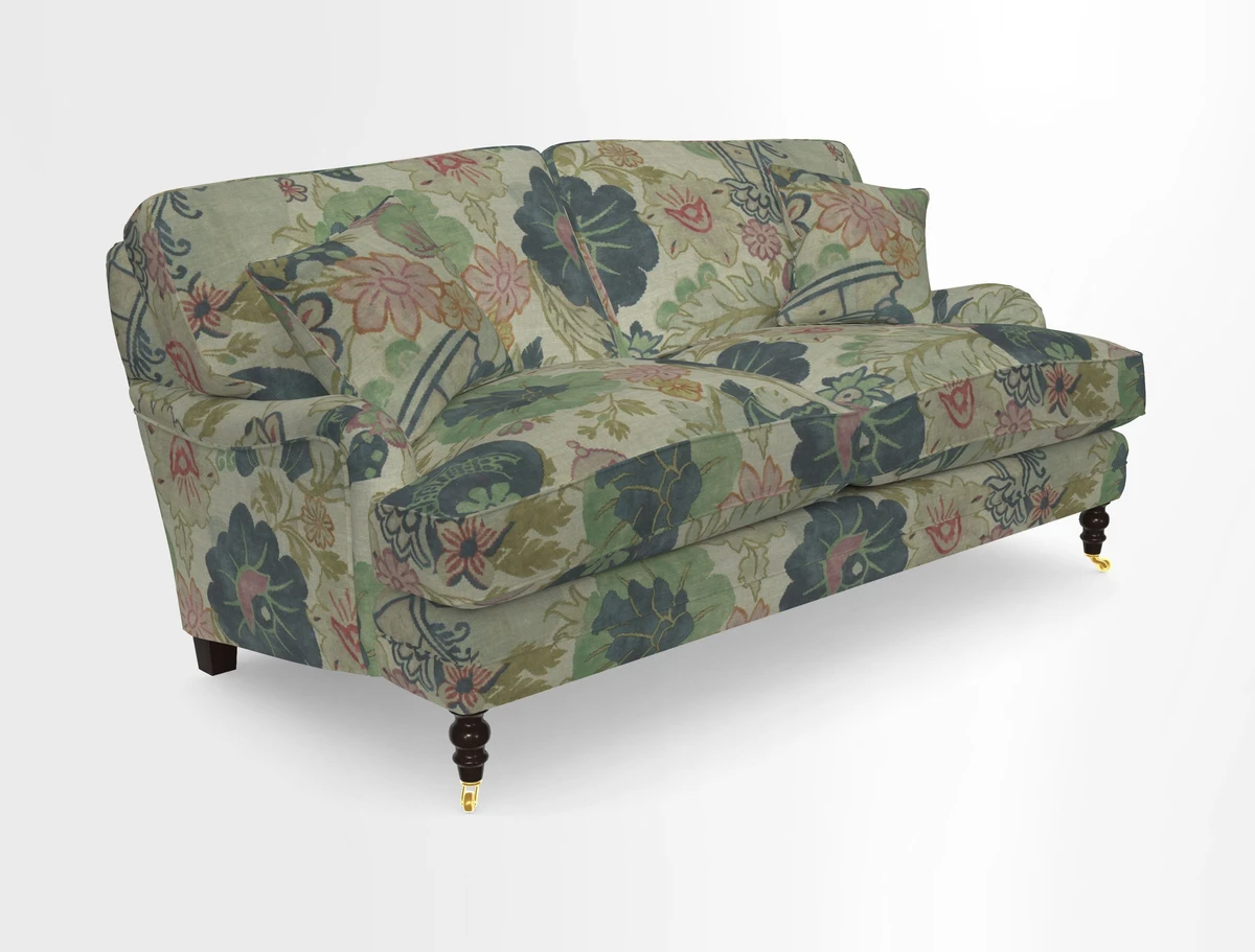 Coates 3 Seater Sofa in Mohair Velvet Indigo with Seat and Back Cushions in Gertrude Jekyll Meadow Flower Blue