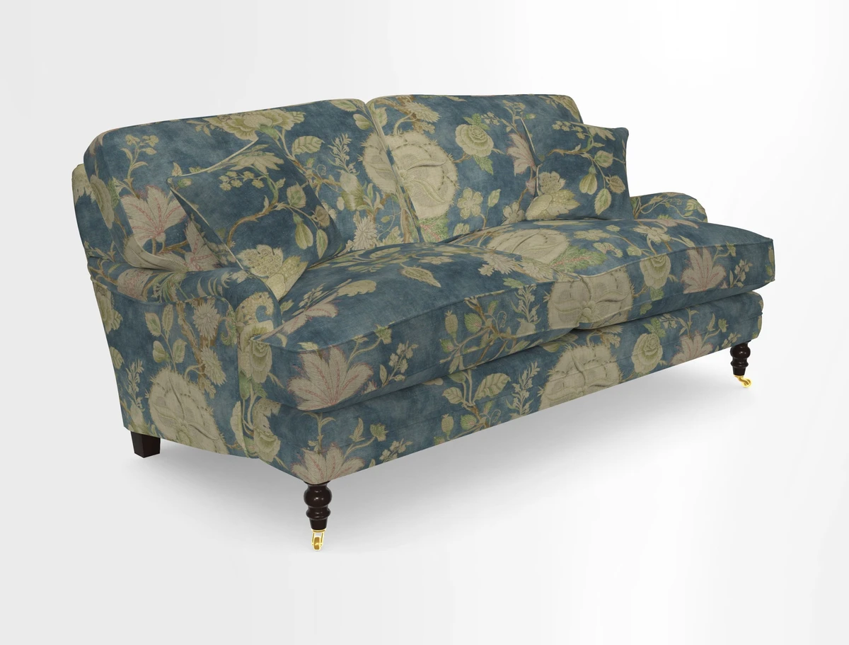 Coates 3 Seater Sofa in Mohair Velvet Indigo with Seat and Back Cushions in Gertrude Jekyll Meadow Flower Blue
