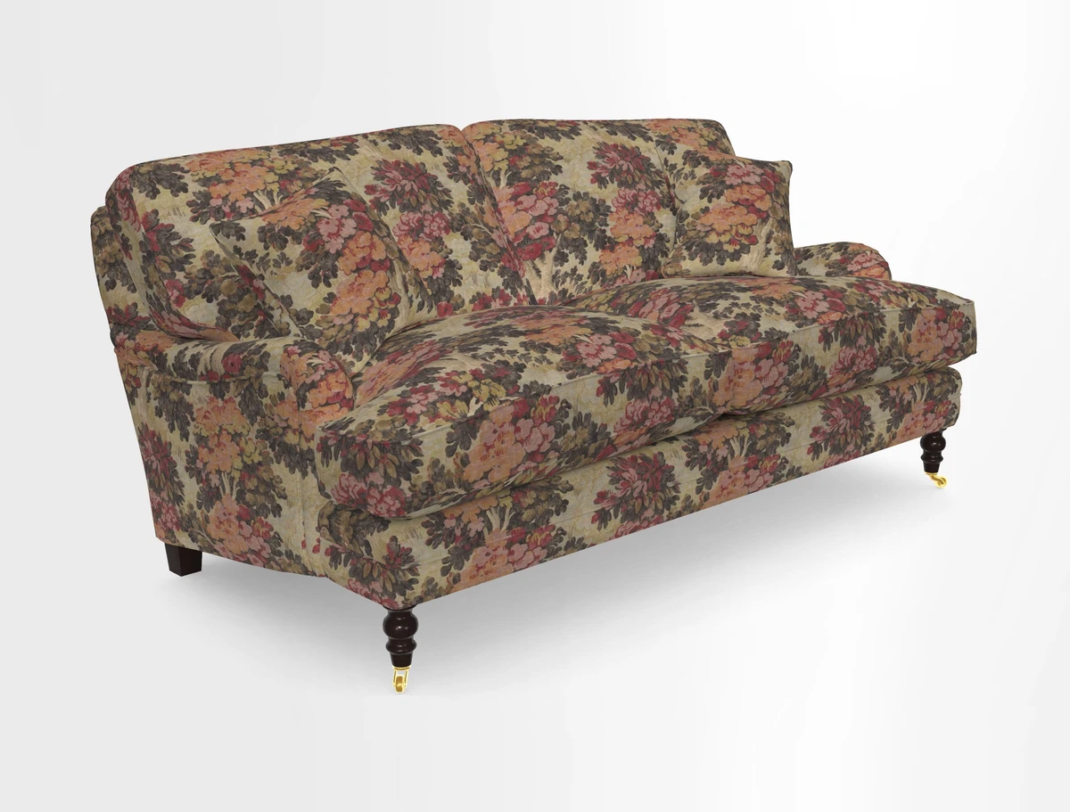 Coates 3 Seater Sofa in Mohair Velvet Indigo with Seat and Back Cushions in Gertrude Jekyll Meadow Flower Blue