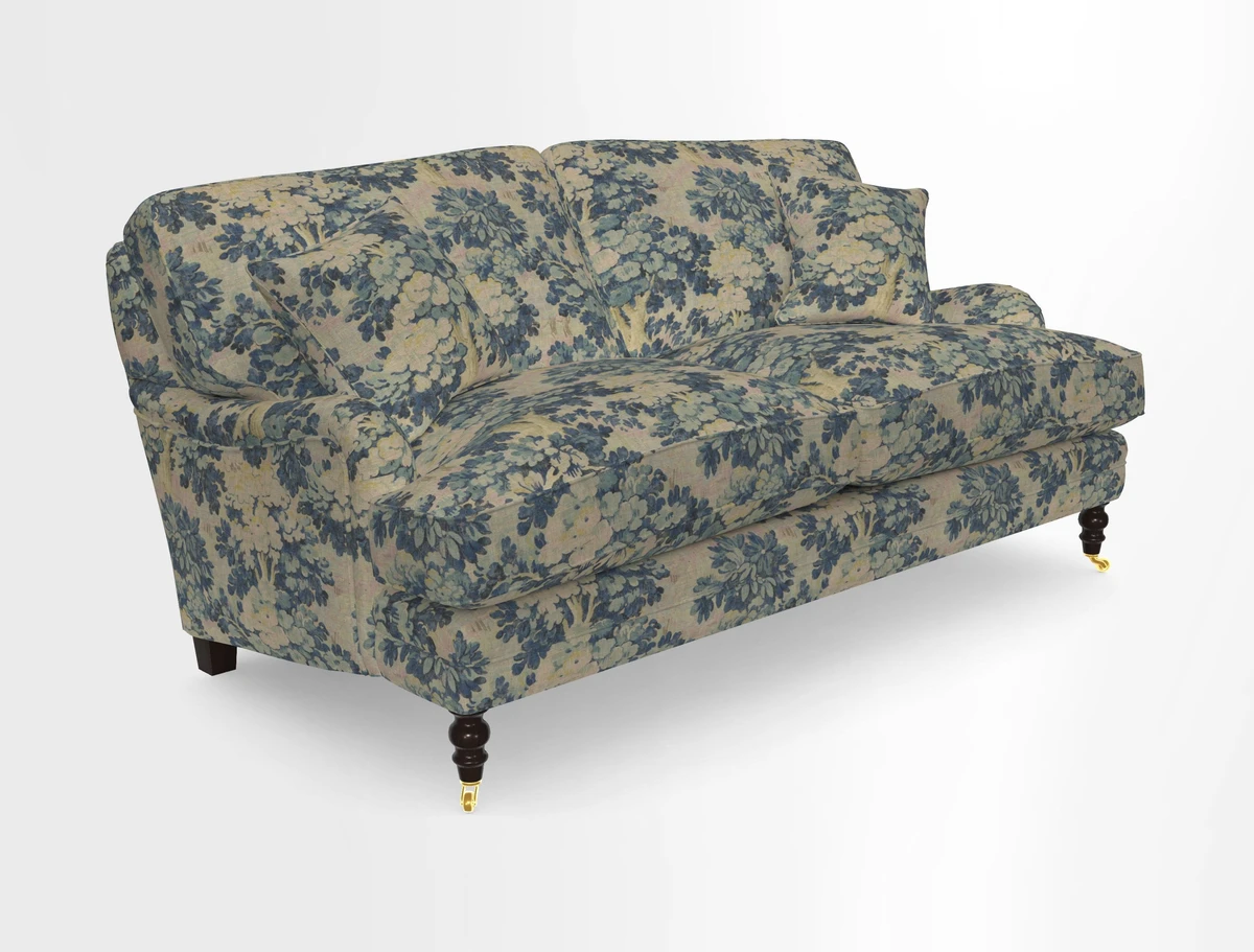 Coates 3 Seater Sofa in Mohair Velvet Indigo with Seat and Back Cushions in Gertrude Jekyll Meadow Flower Blue