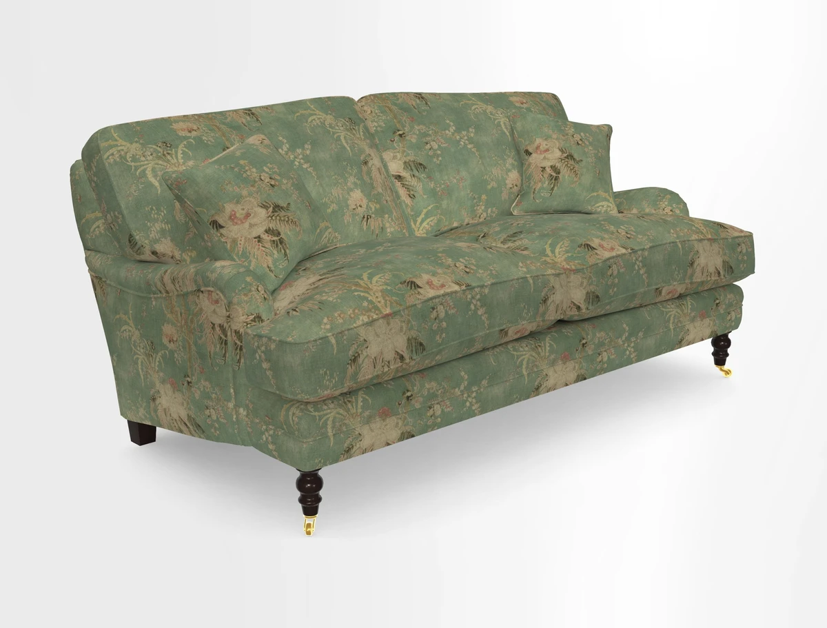 Coates 3 Seater Sofa in Mohair Velvet Indigo with Seat and Back Cushions in Gertrude Jekyll Meadow Flower Blue