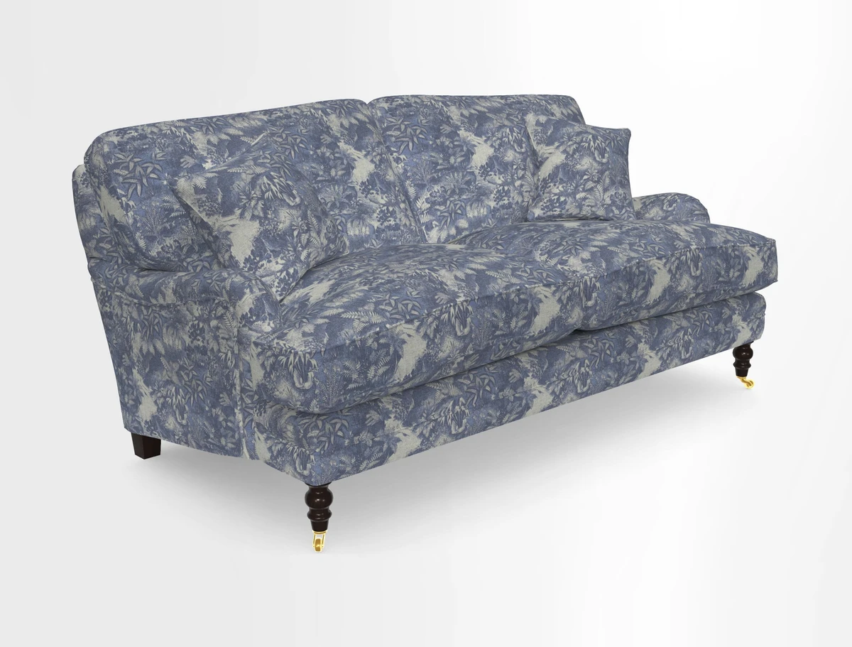 Coates 3 Seater Sofa in Mohair Velvet Indigo with Seat and Back Cushions in Gertrude Jekyll Meadow Flower Blue