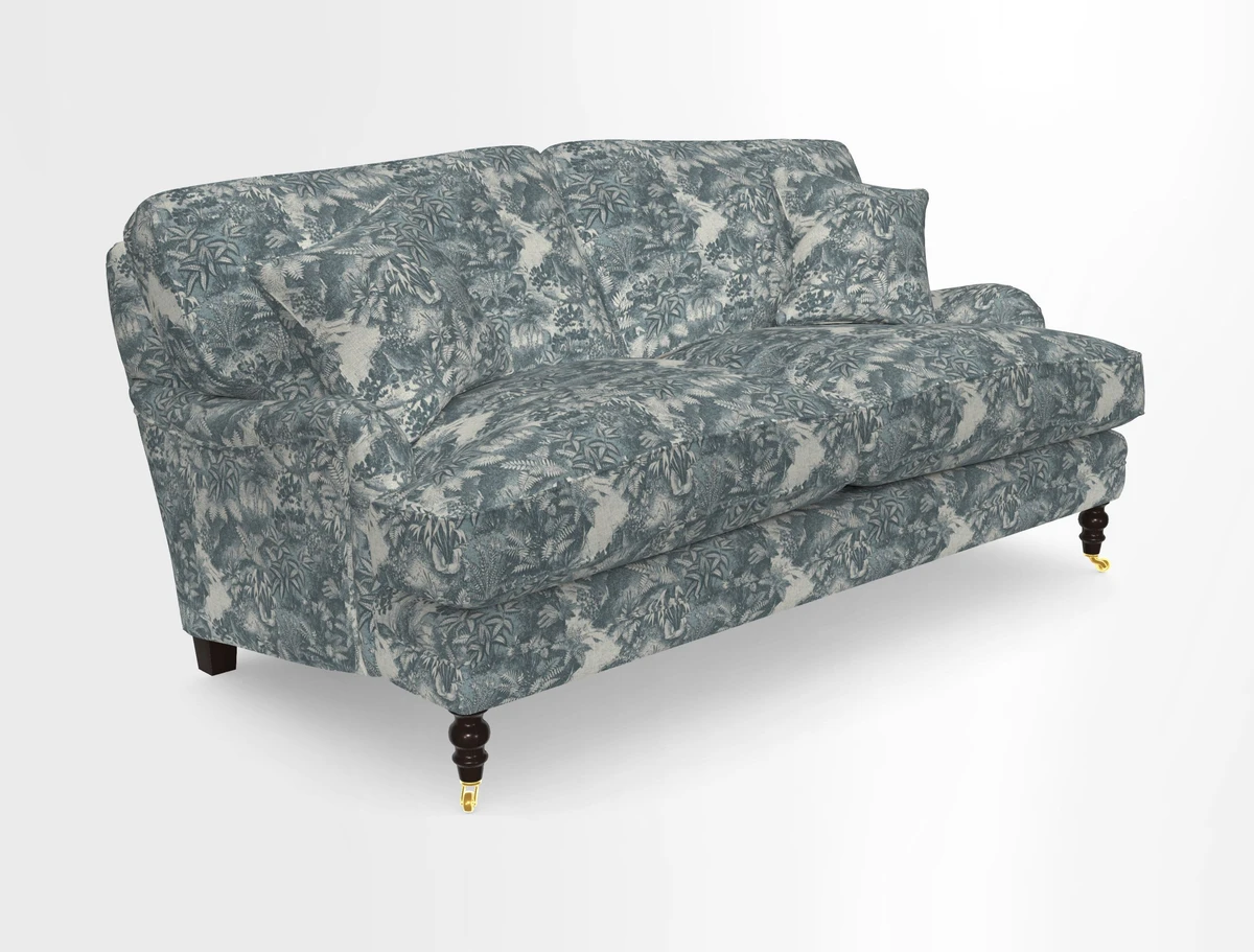Coates 3 Seater Sofa in Mohair Velvet Indigo with Seat and Back Cushions in Gertrude Jekyll Meadow Flower Blue