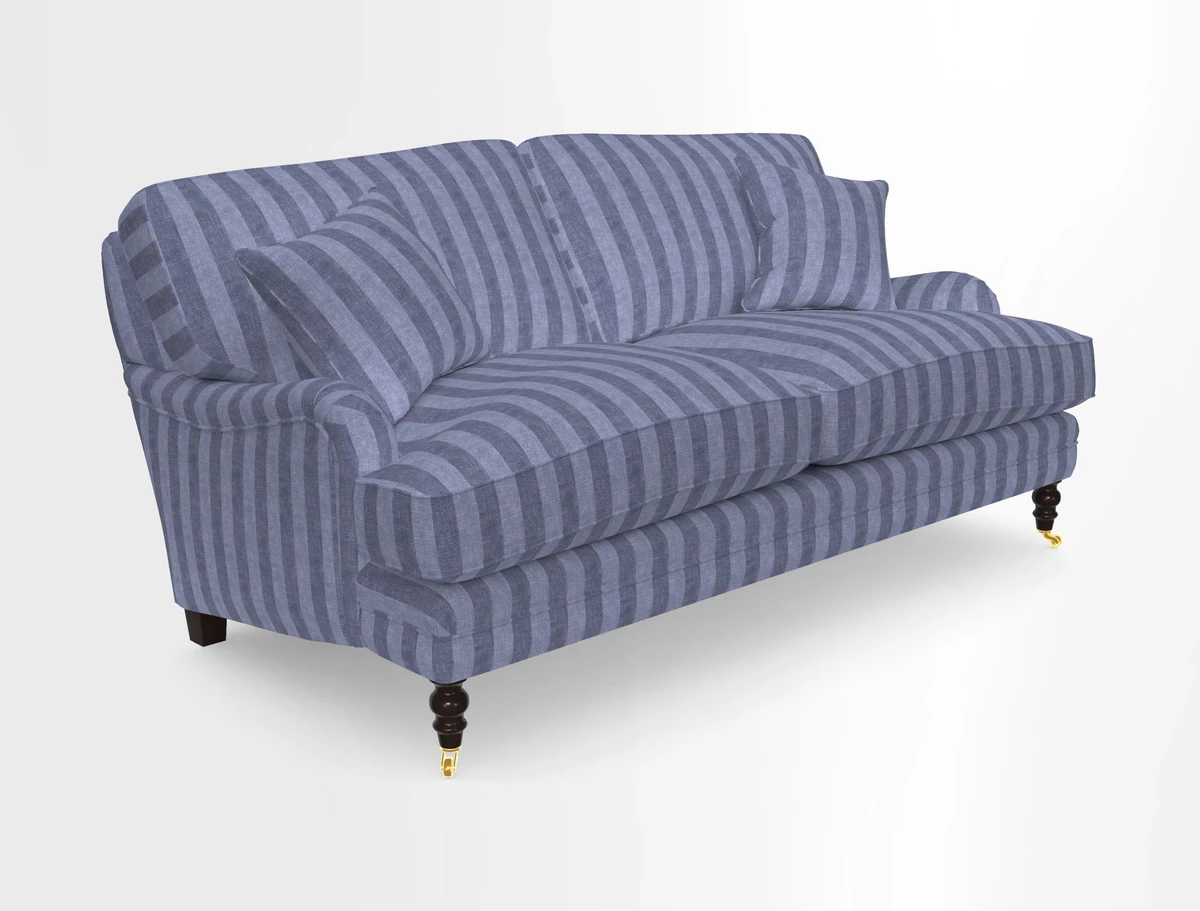 Coates 3 Seater Sofa in Mohair Velvet Indigo with Seat and Back Cushions in Gertrude Jekyll Meadow Flower Blue