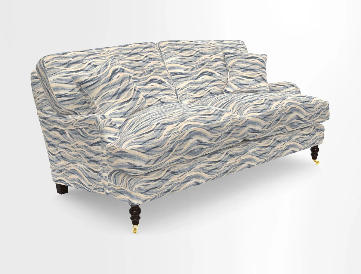 Coates 3 Seater Sofa in Mohair Velvet Indigo with Seat and Back Cushions in Gertrude Jekyll Meadow Flower Blue