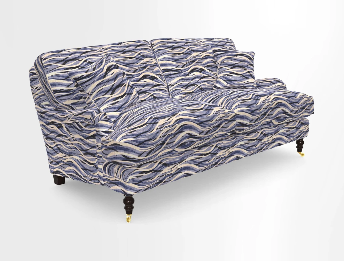 Coates 3 Seater Sofa in Mohair Velvet Indigo with Seat and Back Cushions in Gertrude Jekyll Meadow Flower Blue