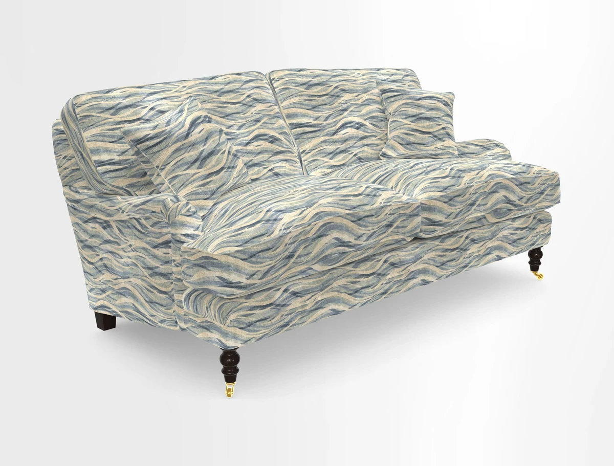 Coates 3 Seater Sofa in Mohair Velvet Indigo with Seat and Back Cushions in Gertrude Jekyll Meadow Flower Blue