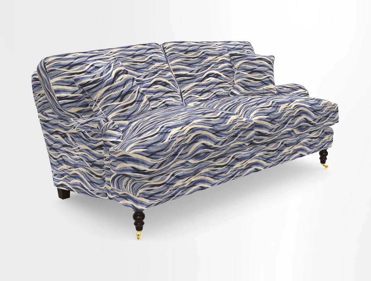 Coates 3 Seater Sofa in Mohair Velvet Indigo with Seat and Back Cushions in Gertrude Jekyll Meadow Flower Blue