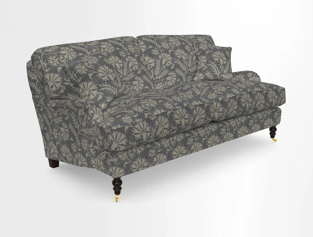 Coates 3 Seater Sofa in Mohair Velvet Indigo with Seat and Back Cushions in Gertrude Jekyll Meadow Flower Blue
