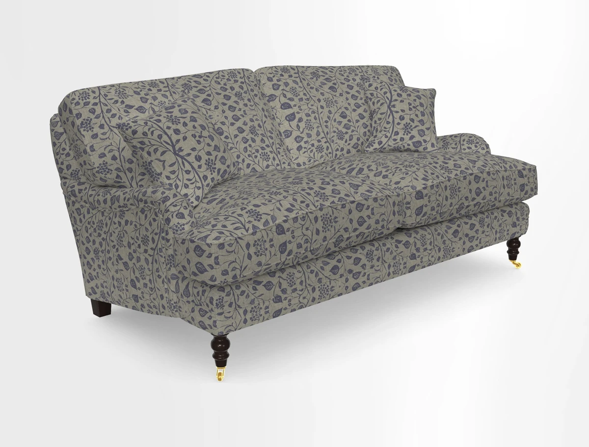 Coates 3 Seater Sofa in Mohair Velvet Indigo with Seat and Back Cushions in Gertrude Jekyll Meadow Flower Blue