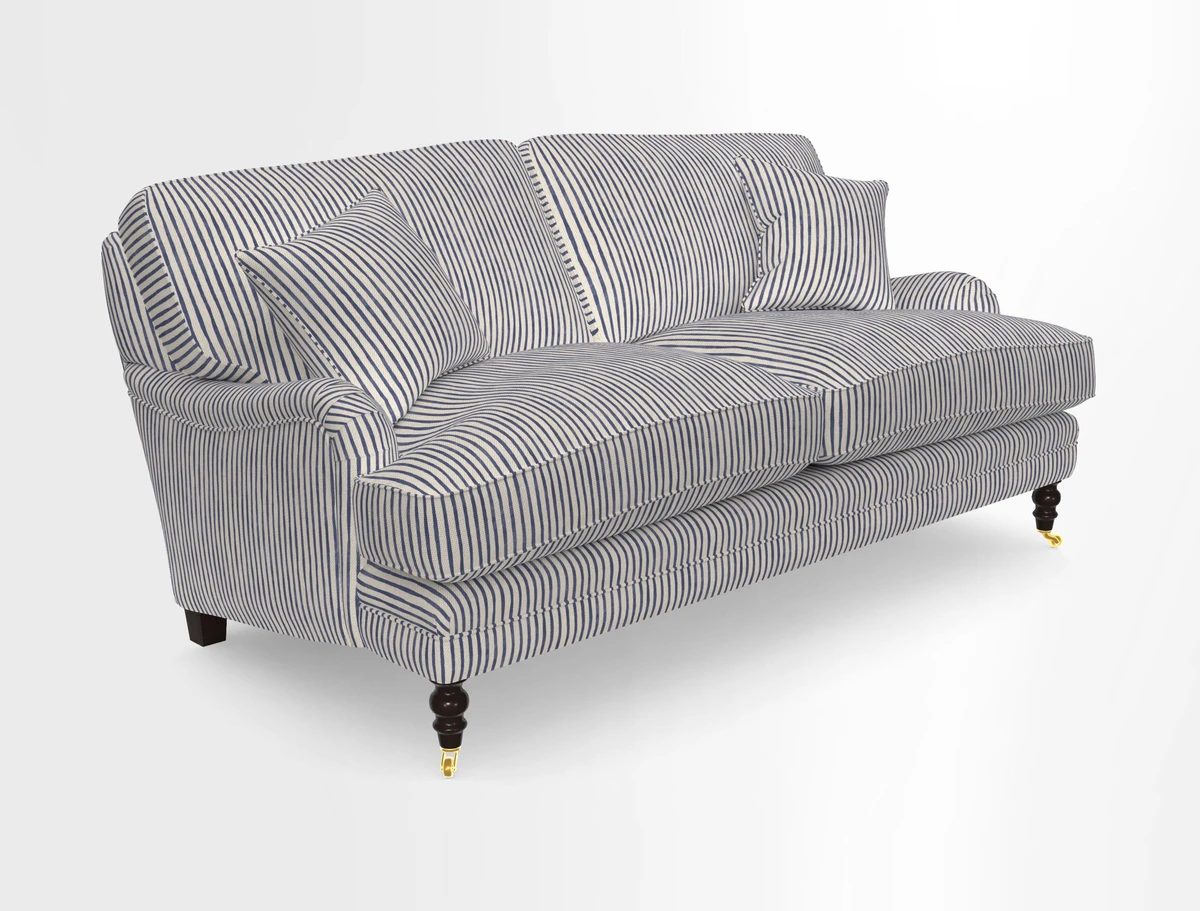 Coates 3 Seater Sofa in Mohair Velvet Indigo with Seat and Back Cushions in Gertrude Jekyll Meadow Flower Blue