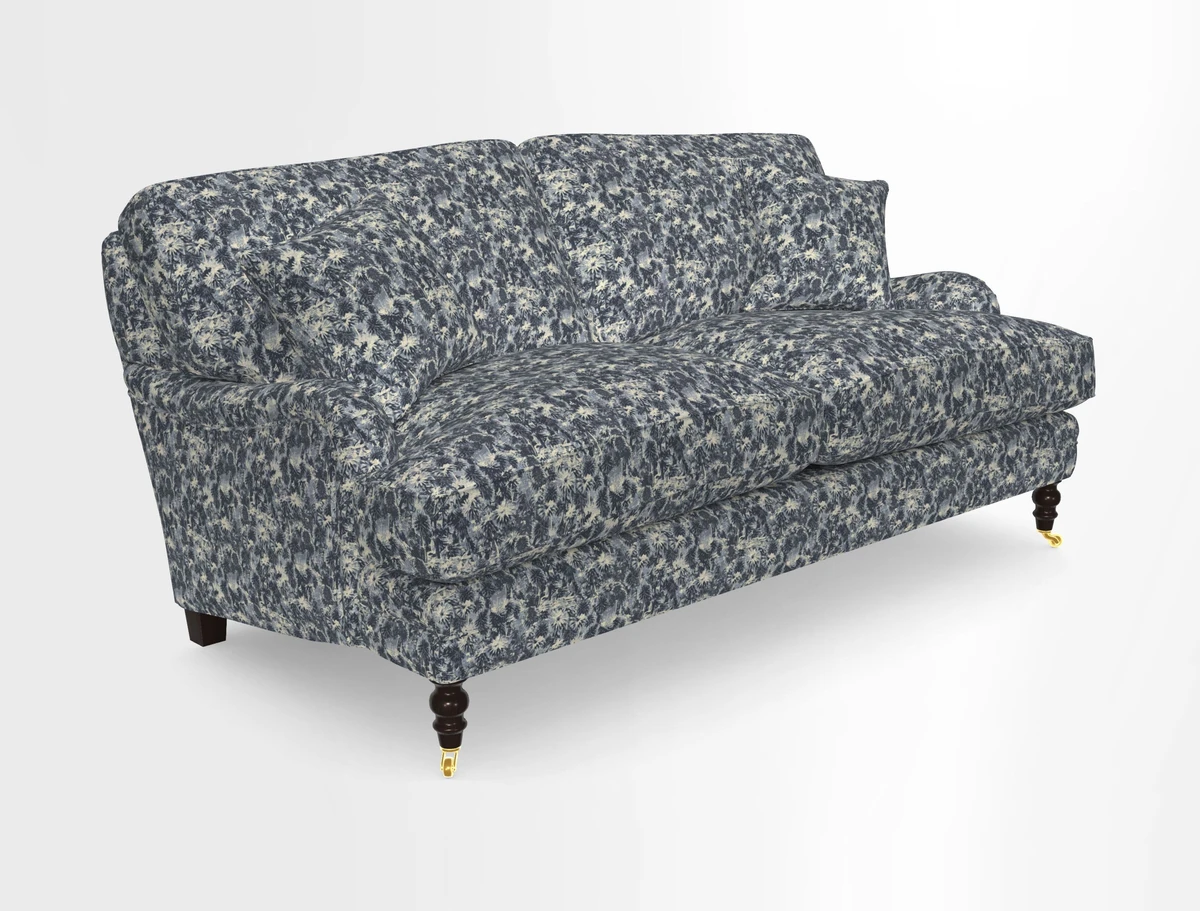 Coates 3 Seater Sofa in Mohair Velvet Indigo with Seat and Back Cushions in Gertrude Jekyll Meadow Flower Blue