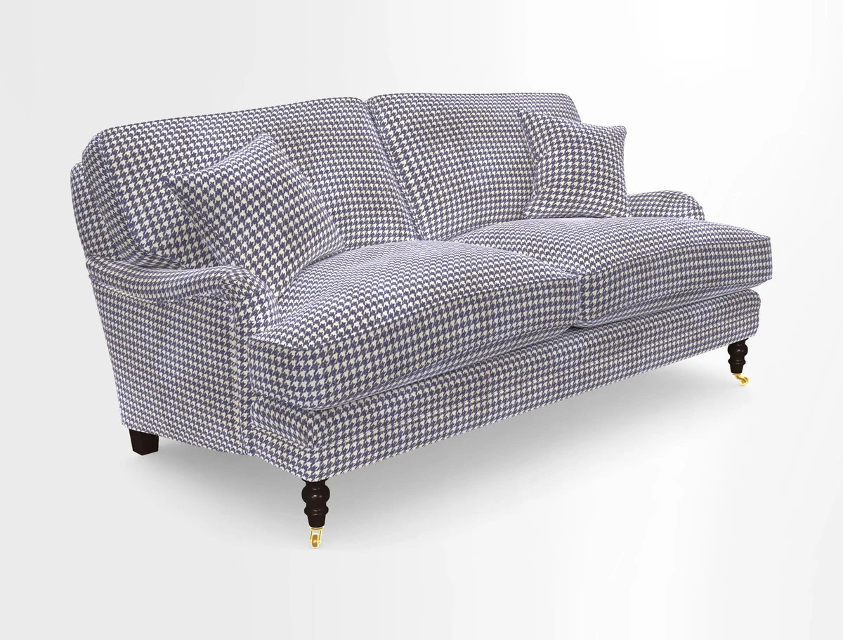 Coates 3 Seater Sofa in Mohair Velvet Indigo with Seat and Back Cushions in Gertrude Jekyll Meadow Flower Blue