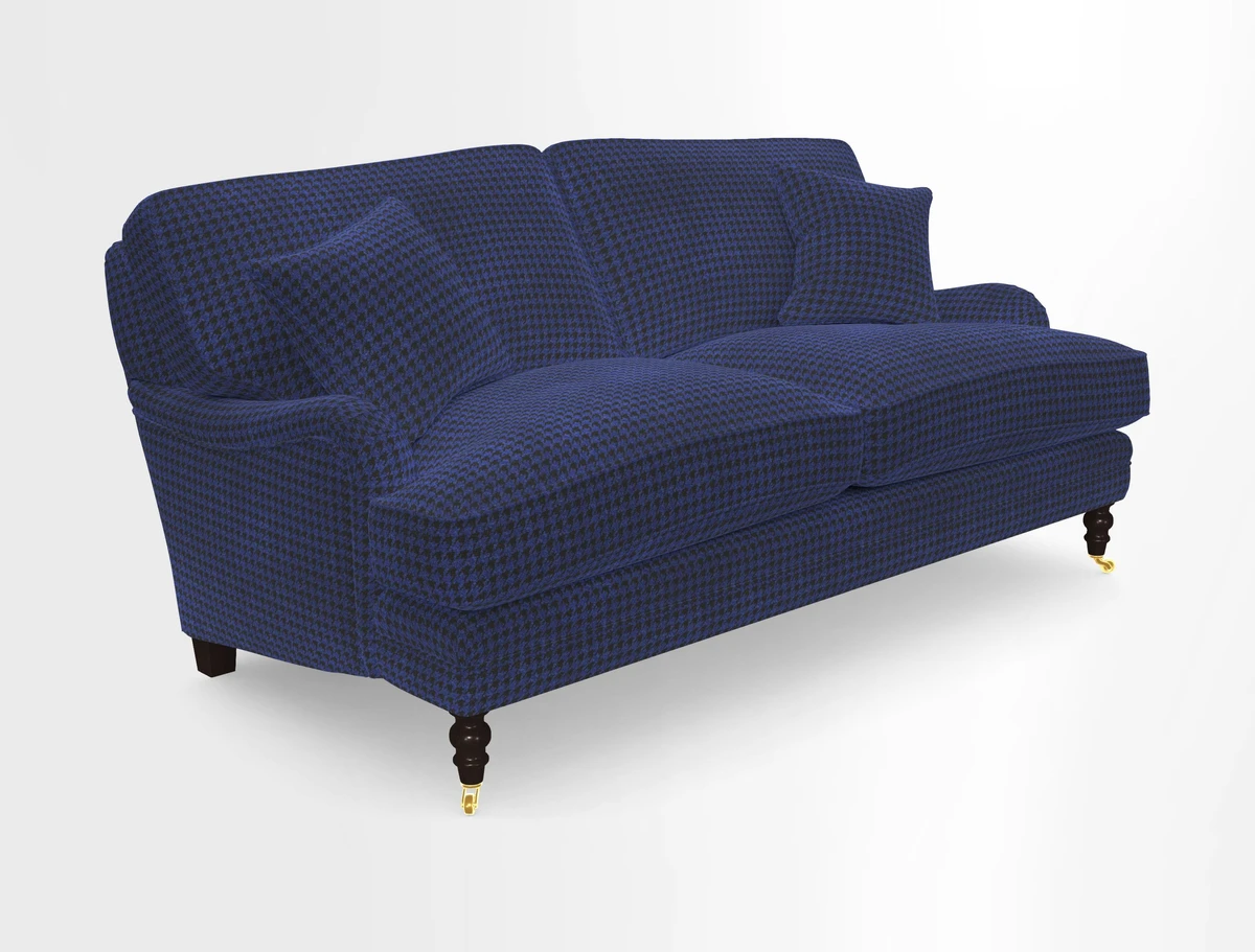 Coates 3 Seater Sofa in Mohair Velvet Indigo with Seat and Back Cushions in Gertrude Jekyll Meadow Flower Blue