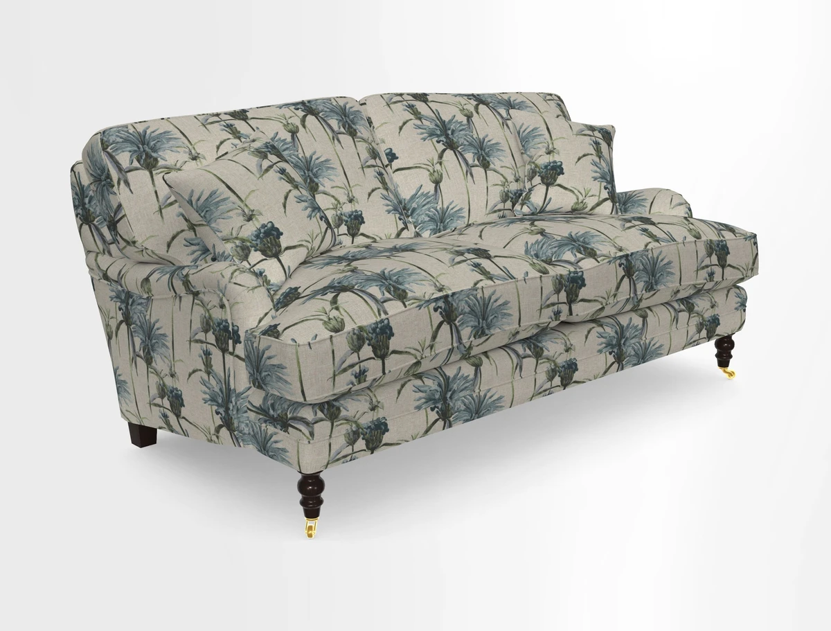 Coates 3 Seater Sofa in Mohair Velvet Indigo with Seat and Back Cushions in Gertrude Jekyll Meadow Flower Blue