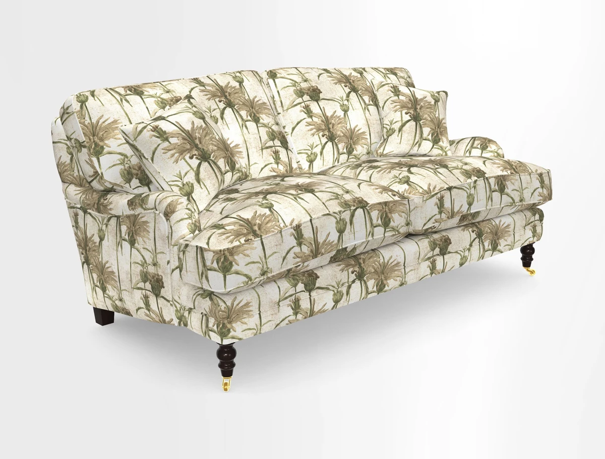 Coates 3 Seater Sofa in Mohair Velvet Indigo with Seat and Back Cushions in Gertrude Jekyll Meadow Flower Blue