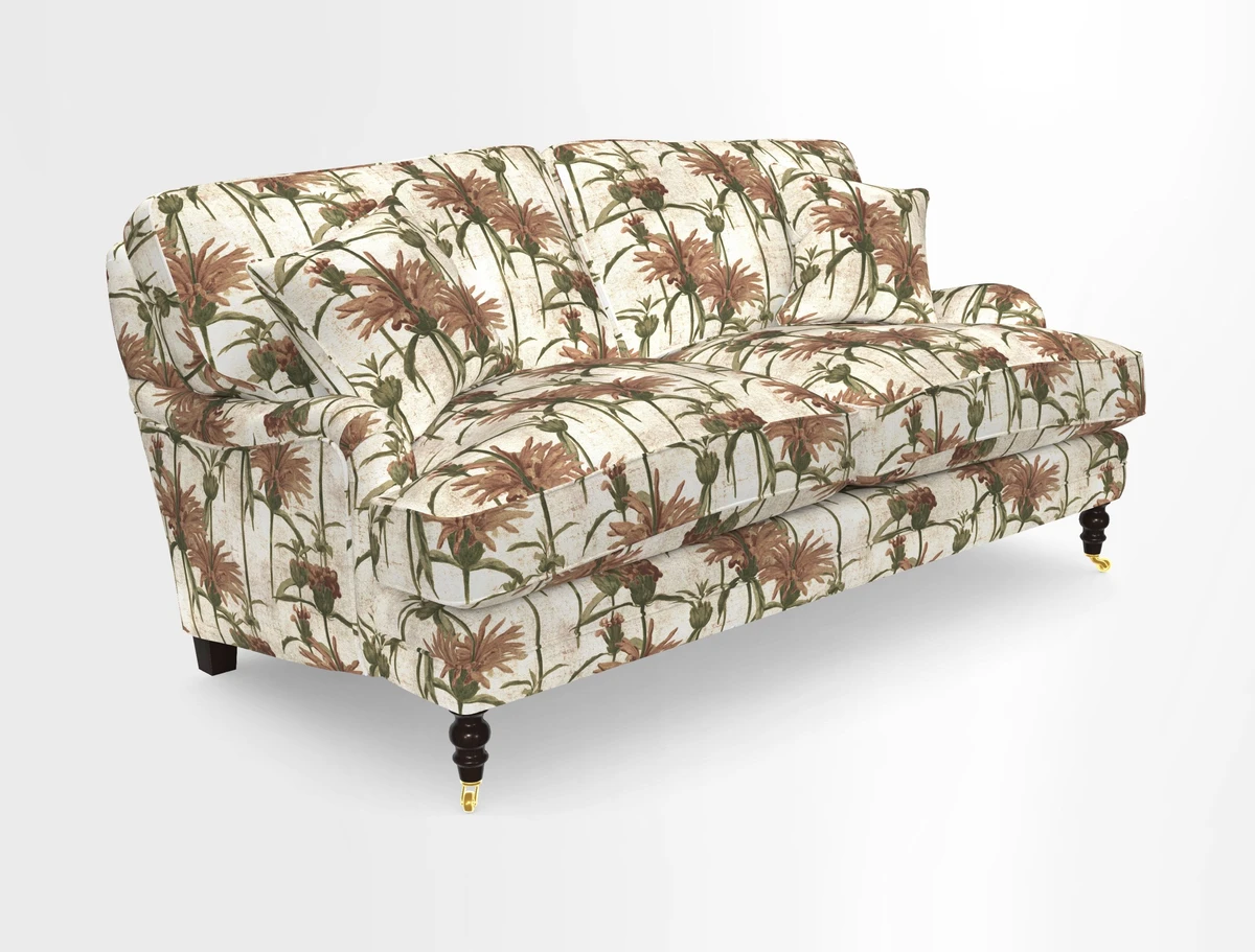 Coates 3 Seater Sofa in Mohair Velvet Indigo with Seat and Back Cushions in Gertrude Jekyll Meadow Flower Blue