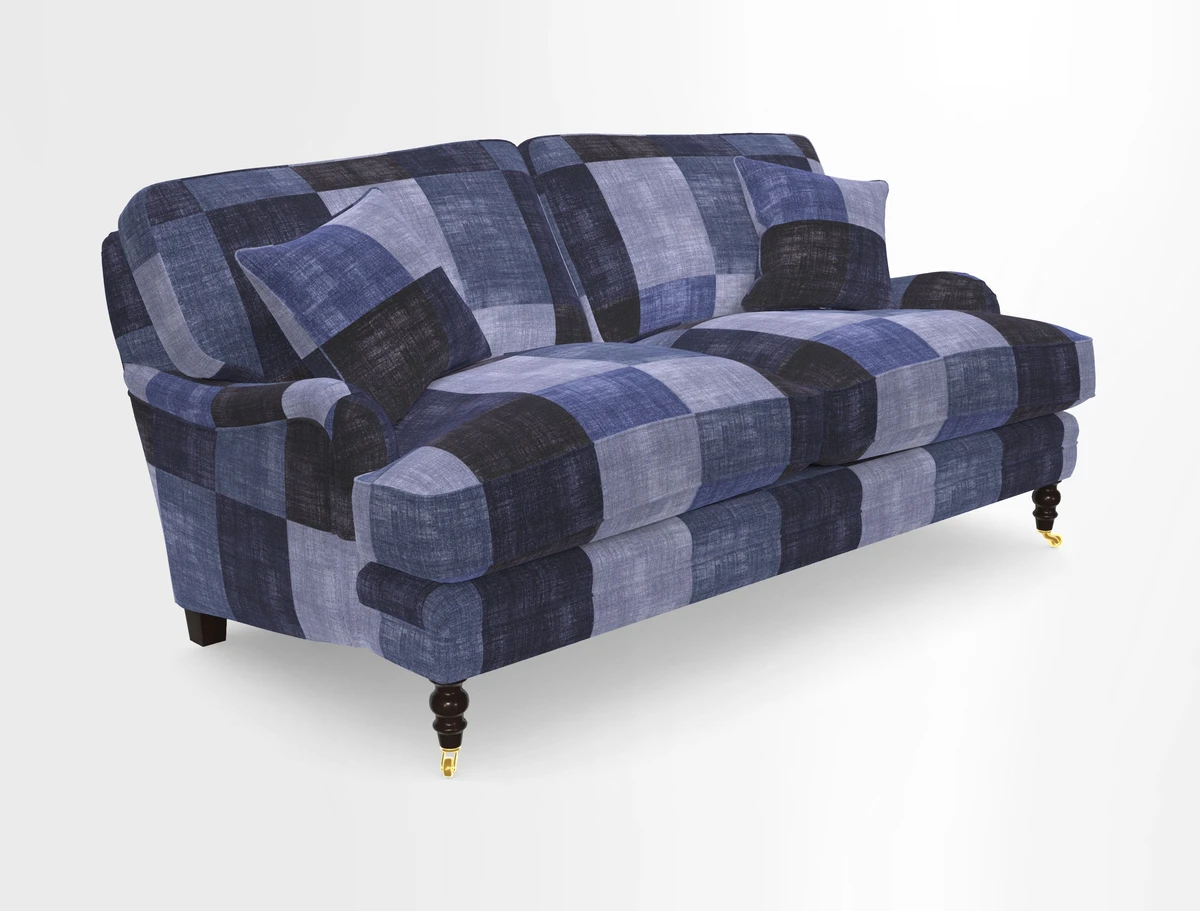 Coates 3 Seater Sofa in Mohair Velvet Indigo with Seat and Back Cushions in Gertrude Jekyll Meadow Flower Blue